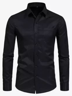 Chemises à manches longues pour hommes élastiques boutonnées coupe slim couleur unie