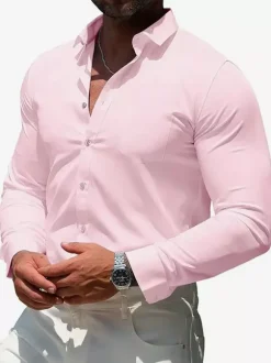 Chemises à manches longues pour hommes élastiques boutonnées coupe slim couleur unie
