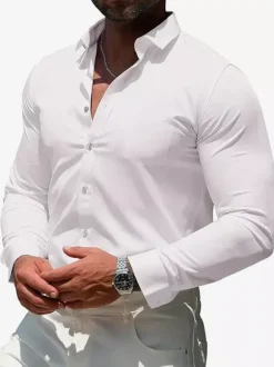 Chemises à manches longues pour hommes élastiques boutonnées coupe slim couleur unie