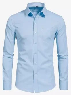Chemises à manches longues pour hommes élastiques boutonnées coupe slim couleur unie