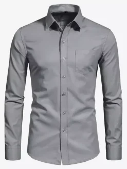 Chemises à manches longues pour hommes élastiques boutonnées coupe slim couleur unie