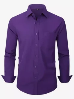 Chemises à manches longues pour hommes élastiques boutonnées coupe slim couleur unie