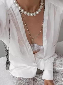 Chemisier blanc à décolleté plongeant pour femme - Top sexy transparent à manches longues - Style français pour soirées printanières streetwear 2026