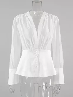 Chemisier blanc à décolleté plongeant pour femme - Top sexy transparent à manches longues - Style français pour soirées printanières streetwear 2026