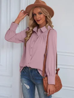 Chemisier Blouse Court Femme avec Manches Longues à Col Revers Unicolore