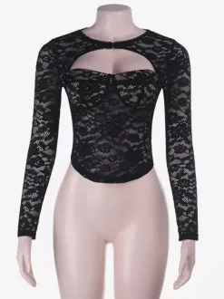 Chemisier bustier noir sexy à manches longues et découpes en dentelle style corset pour femme - Tenue de soirée printanière 2026