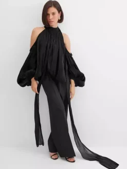 Chemisier dos nu à épaules dénudées pour femme - Haut élégant à manches lanternes et coupe ample avec foulard - Collection Fairycore Printemps 2026