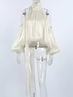 Chemisier dos nu à épaules dénudées pour femme - Haut élégant à manches lanternes et coupe ample avec foulard - Collection Fairycore Printemps 2026
