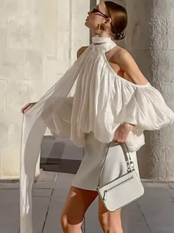 Chemisier dos nu à épaules dénudées pour femme - Haut élégant à manches lanternes et coupe ample avec foulard - Collection Fairycore Printemps 2026
