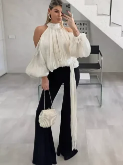 Chemisier dos nu à épaules dénudées pour femme - Haut élégant à manches lanternes et coupe ample avec foulard - Collection Fairycore Printemps 2026