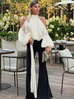 Chemisier dos nu à épaules dénudées pour femme - Haut élégant à manches lanternes et coupe ample avec foulard - Collection Fairycore Printemps 2026