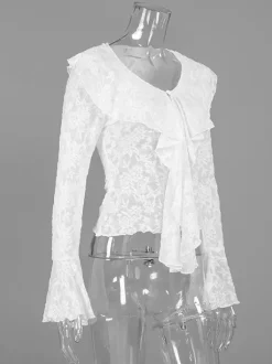 Chemisier en dentelle florale transparente pour femme - Haut blanc élégant à col en V et manches cloche - Collection Coquette Fairycore Printemps 2026