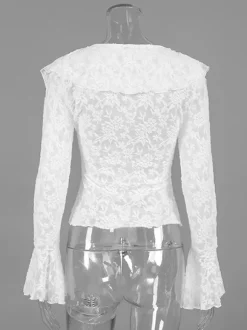 Chemisier en dentelle florale transparente pour femme - Haut blanc élégant à col en V et manches cloche - Collection Coquette Fairycore Printemps 2026