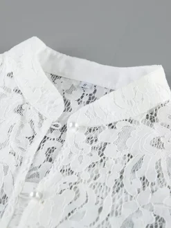 Chemisier en dentelle florale pour femme élégant boutonné - Col montant blanc coupe ajustée - Tenue de soirée printanière 2026