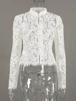 Chemisier en dentelle florale pour femme élégant boutonné - Col montant blanc coupe ajustée - Tenue de soirée printanière 2026