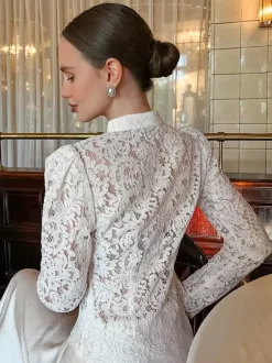 Chemisier en dentelle florale pour femme élégant boutonné - Col montant blanc coupe ajustée - Tenue de soirée printanière 2026