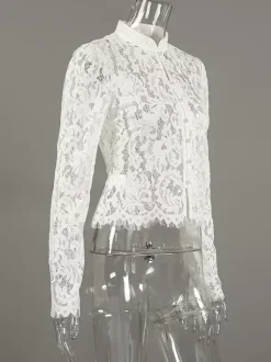 Chemisier en dentelle florale pour femme élégant boutonné - Col montant blanc coupe ajustée - Tenue de soirée printanière 2026