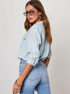 Chemisier Femmes Bleu Denim Col Rabattu Boutons Poches Manches Longues