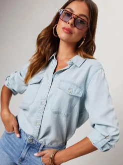 Chemisier Femmes Bleu Denim Col Rabattu Boutons Poches Manches Longues