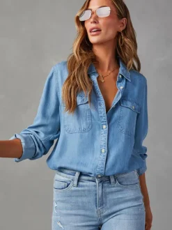 Chemisier Femmes Bleu Denim Col Rabattu Boutons Poches Manches Longues