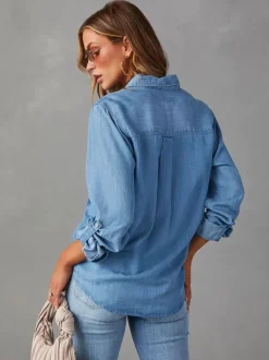 Chemisier Femmes Bleu Denim Col Rabattu Boutons Poches Manches Longues