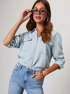 Chemisier Femmes Bleu Denim Col Rabattu Boutons Poches Manches Longues