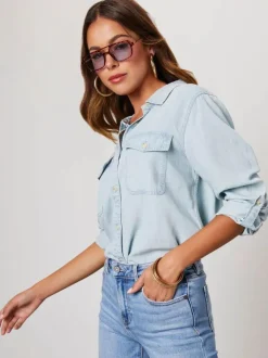 Chemisier Femmes Bleu Denim Col Rabattu Boutons Poches Manches Longues