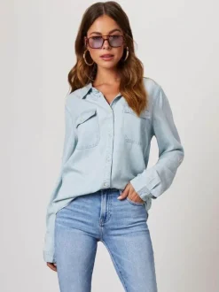 Chemisier Femmes Bleu Denim Col Rabattu Boutons Poches Manches Longues