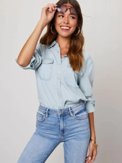 Chemisier Femmes Bleu Denim Col Rabattu Boutons Poches Manches Longues