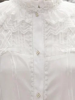 Chemisier lolita classique en chiffon unicolore avec dentelle col montant Déguisements Halloween