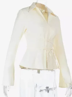 Chemisier péplum élégant et ajusté pour femme - Blouse vintage à manches cloche et taille nouée - Top chic Y2K pour un rendez-vous romantique au printemps 2026