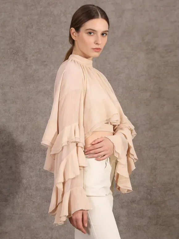 Chemisier victorien à volants pour femme - Top transparent Fairycore à col montant et manches évasées étagées - Idéal pour une soirée romantique printanière 2026