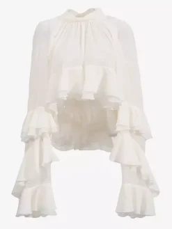 Chemisier victorien à volants pour femme - Top transparent Fairycore à col montant et manches évasées étagées - Idéal pour une soirée romantique printanière 2026