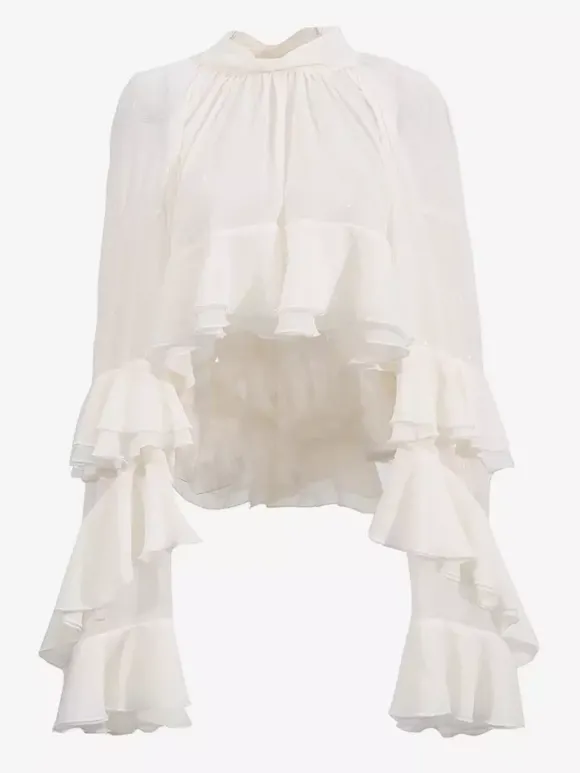 Chemisier victorien à volants pour femme - Top transparent Fairycore à col montant et manches évasées étagées - Idéal pour une soirée romantique printanière 2026