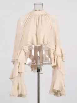 Chemisier victorien à volants pour femme - Top transparent Fairycore à col montant et manches évasées étagées - Idéal pour une soirée romantique printanière 2026