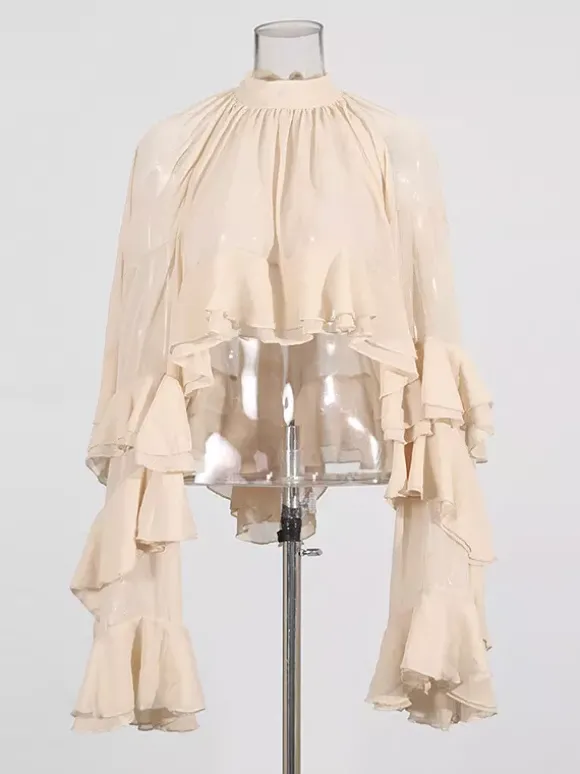 Chemisier victorien à volants pour femme - Top transparent Fairycore à col montant et manches évasées étagées - Idéal pour une soirée romantique printanière 2026