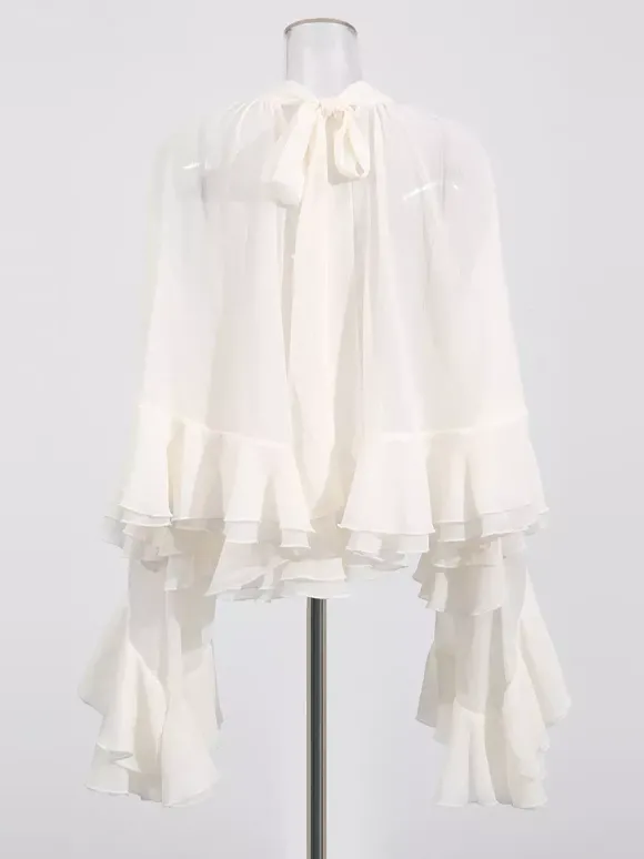 Chemisier victorien à volants pour femme - Top transparent Fairycore à col montant et manches évasées étagées - Idéal pour une soirée romantique printanière 2026
