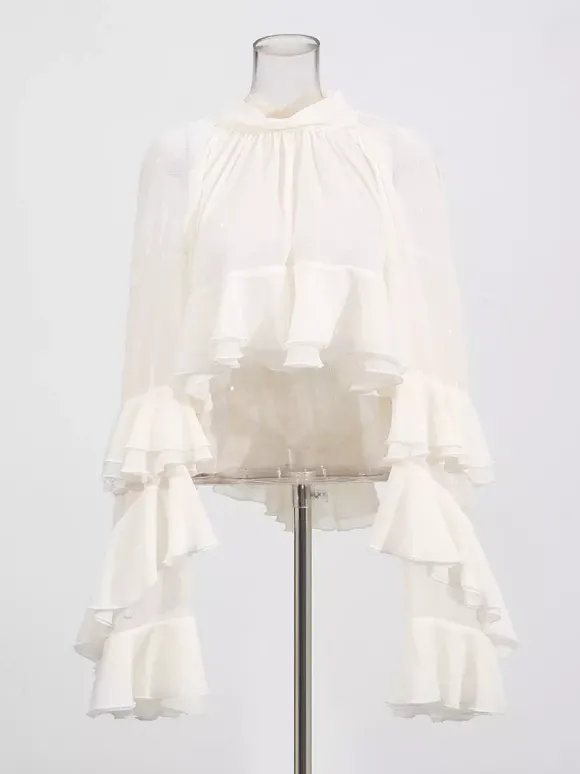 Chemisier victorien à volants pour femme - Top transparent Fairycore à col montant et manches évasées étagées - Idéal pour une soirée romantique printanière 2026