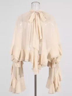 Chemisier victorien à volants pour femme - Top transparent Fairycore à col montant et manches évasées étagées - Idéal pour une soirée romantique printanière 2026