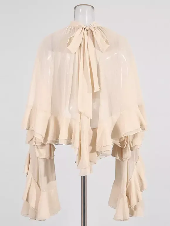 Chemisier victorien à volants pour femme - Top transparent Fairycore à col montant et manches évasées étagées - Idéal pour une soirée romantique printanière 2026