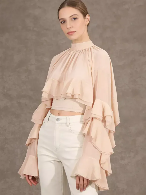 Chemisier victorien à volants pour femme - Top transparent Fairycore à col montant et manches évasées étagées - Idéal pour une soirée romantique printanière 2026