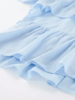 Chemisier bleu clair à volants étagés pour femme - Haut élégant à col montant et manches cloche - Style bohème chic tenue de plage 2026