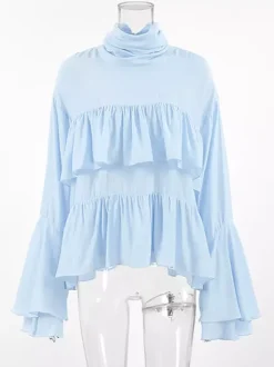 Chemisier bleu clair à volants étagés pour femme - Haut élégant à col montant et manches cloche - Style bohème chic tenue de plage 2026
