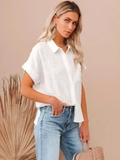 Chemisier Blouse Femme à Col Revers avec Manches Courtes Unicolore