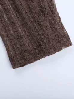 Chemisier cache-c艙ur en dentelle à col V pour femme - Haut court marron vintage à manches longues et coupe ajustée - Tenue décontractée printanière 2026