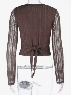 Chemisier cache-c艙ur en dentelle à col V pour femme - Haut court marron vintage à manches longues et coupe ajustée - Tenue décontractée printanière 2026