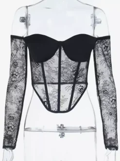 Chemisier corset en dentelle à épaules dénudées pour femme - Bustier noir transparent à manches longues en maille - Tenue de soirée printanière 2026