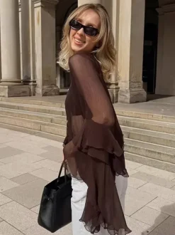 Chemisier en mousseline transparente à manches évasées pour femme - Style bohème marron volants étagés coupe ample - Idéal pour les soirées de printemps 2026