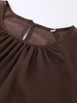 Chemisier en mousseline transparente à manches évasées pour femme - Style bohème marron volants étagés coupe ample - Idéal pour les soirées de printemps 2026