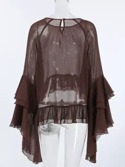 Chemisier en mousseline transparente à manches évasées pour femme - Style bohème marron volants étagés coupe ample - Idéal pour les soirées de printemps 2026